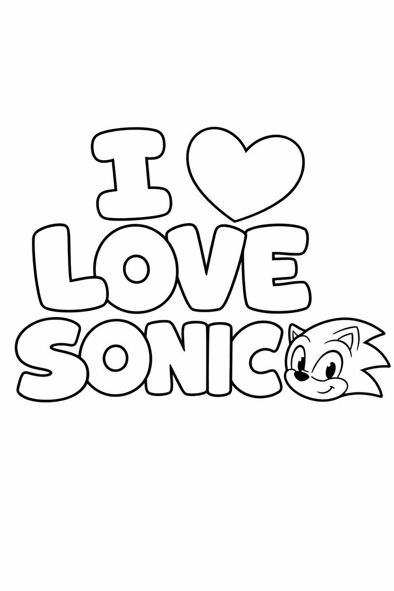 Bubble letters reading I LOVE SONIC with a heart and a small hedgehog head beside the words coloring page