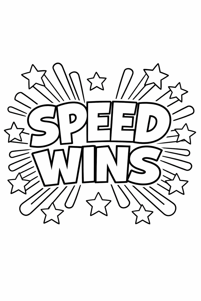 Bold block letters spelling SPEED WINS bursting outward with motion streaks and stars coloring page
