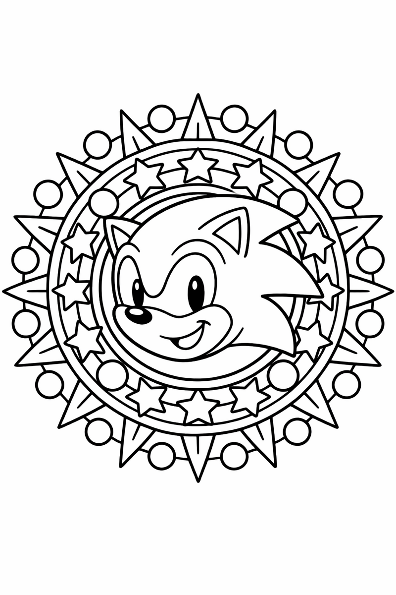 The blue hedgehog's smiling head at the center of a round mandala of rings, spikes and stars coloring page