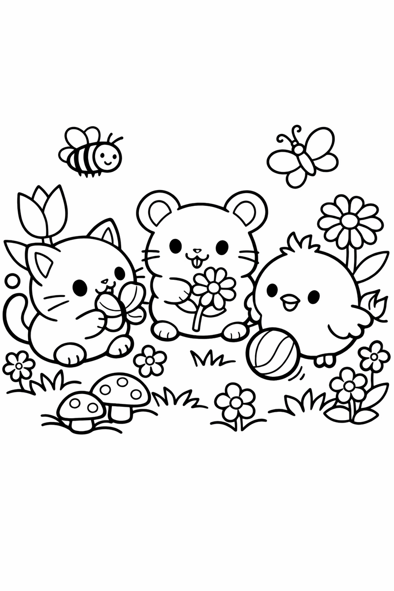 Three tiny round pet creatures playing together in a small flower garden coloring page