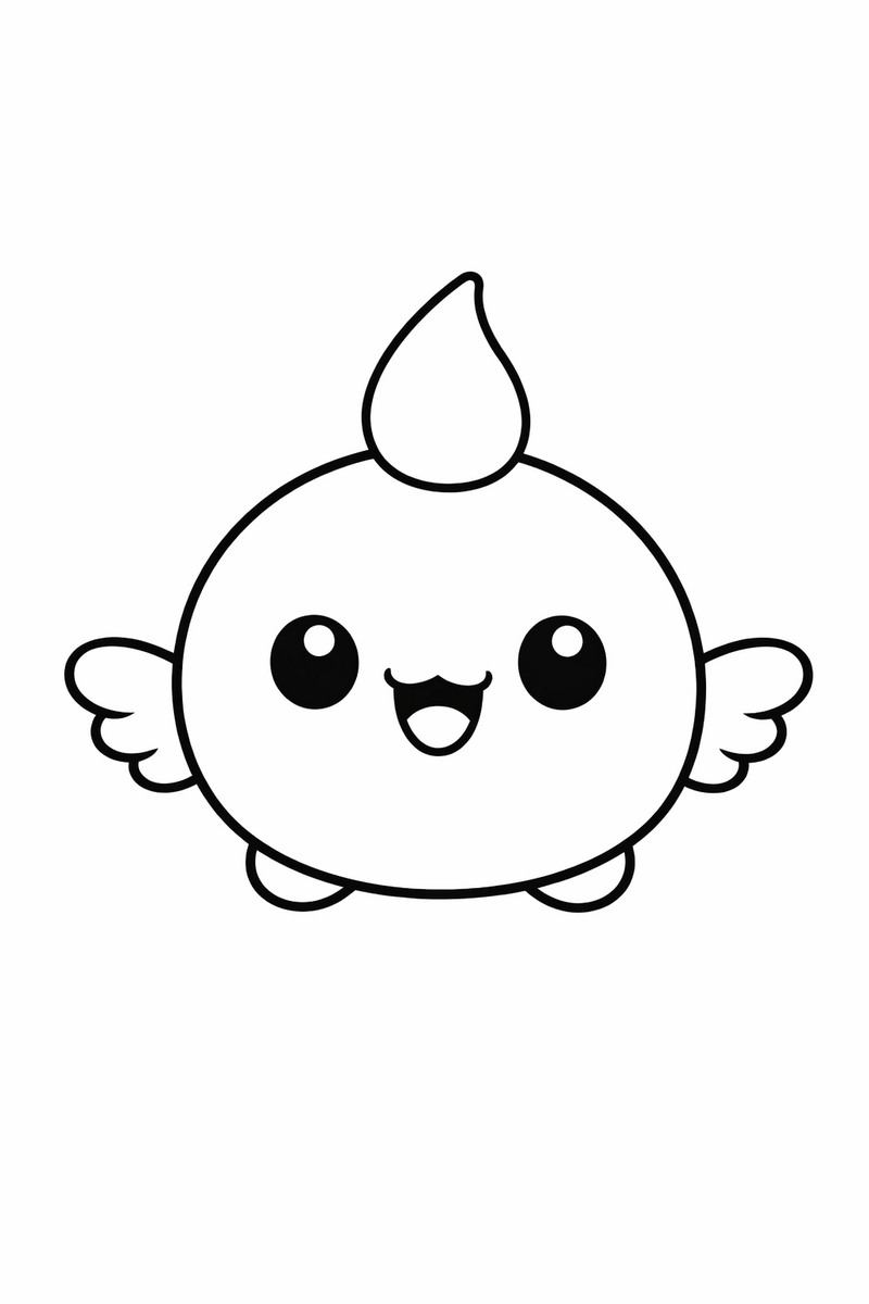 A tiny round cartoon pet creature with a teardrop head bob and stubby wings smiling coloring page