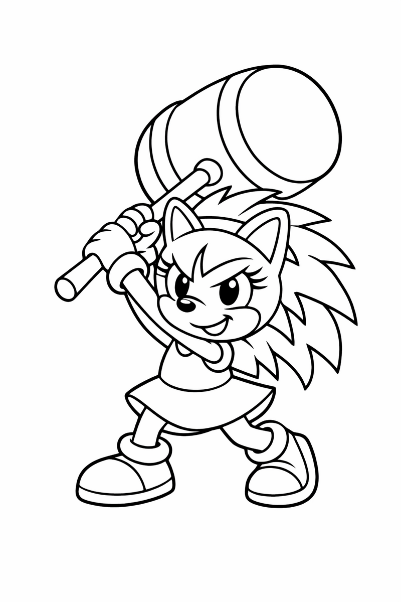 A pink hedgehog swinging a big round mallet over her head with a determined smile coloring page
