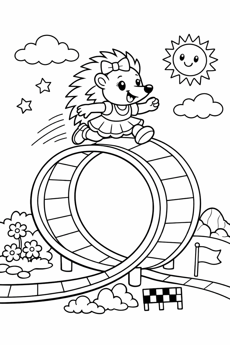 A pink hedgehog in a dress bounding up and over a giant looping track coloring page