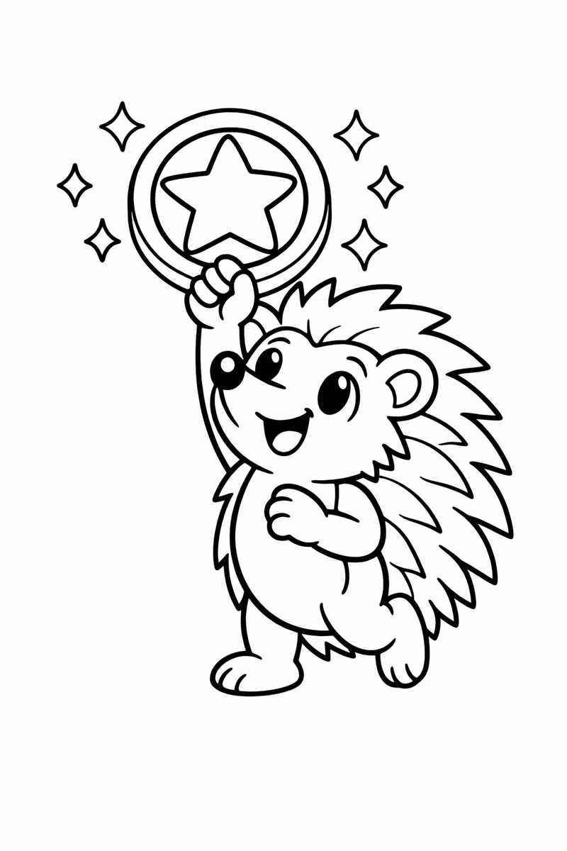 A pink hedgehog holding up a floating star ring like a treasure with sparkles around it coloring page