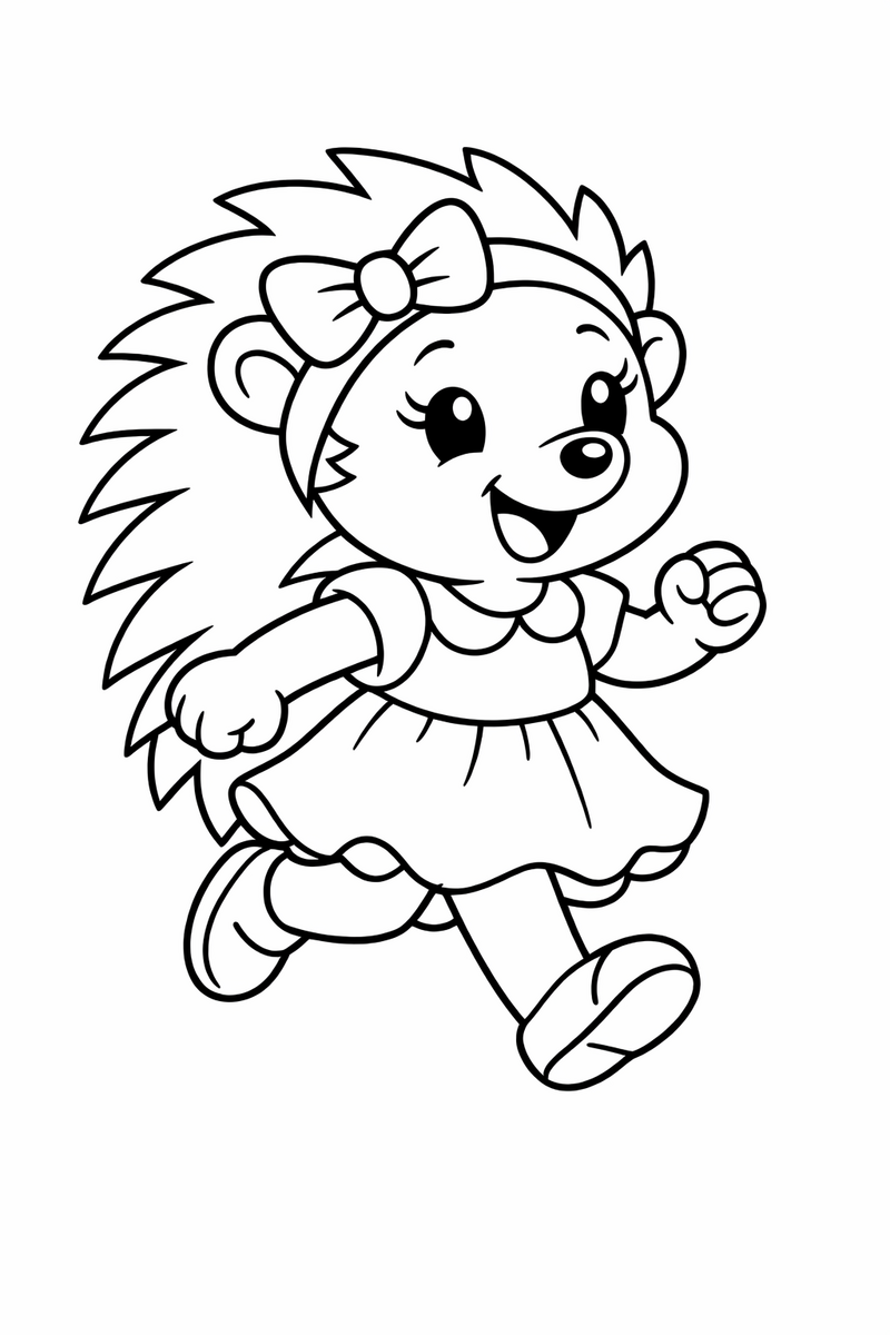 A cheerful pink hedgehog in a dress and headband running with a happy skip coloring page