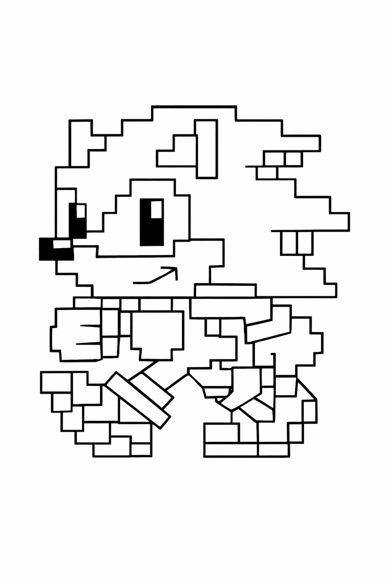 The blue hedgehog built from chunky square pixel blocks in a retro eight-bit style coloring page