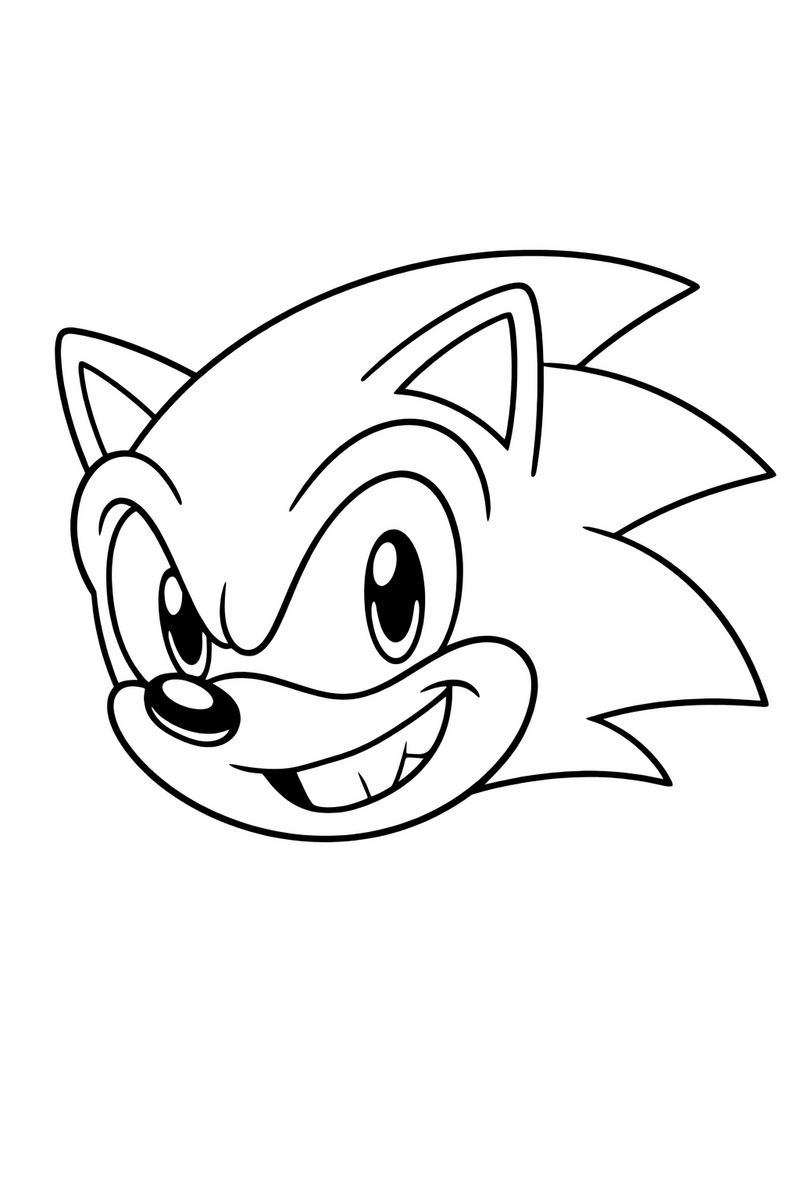 A close-up portrait of the blue hedgehog's grinning face with big eyes and swept-back spikes coloring page