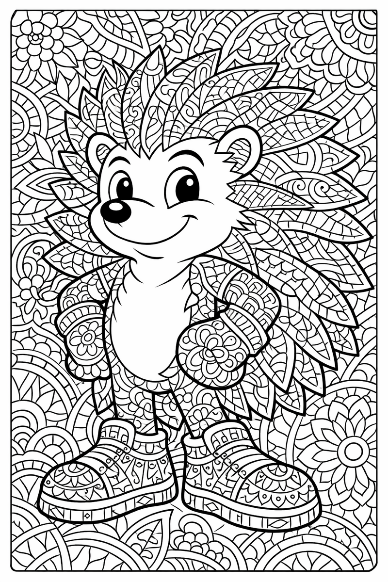 Dibujo de un erizo estilo Sonic con púas llenas de patrones detallados para colorear