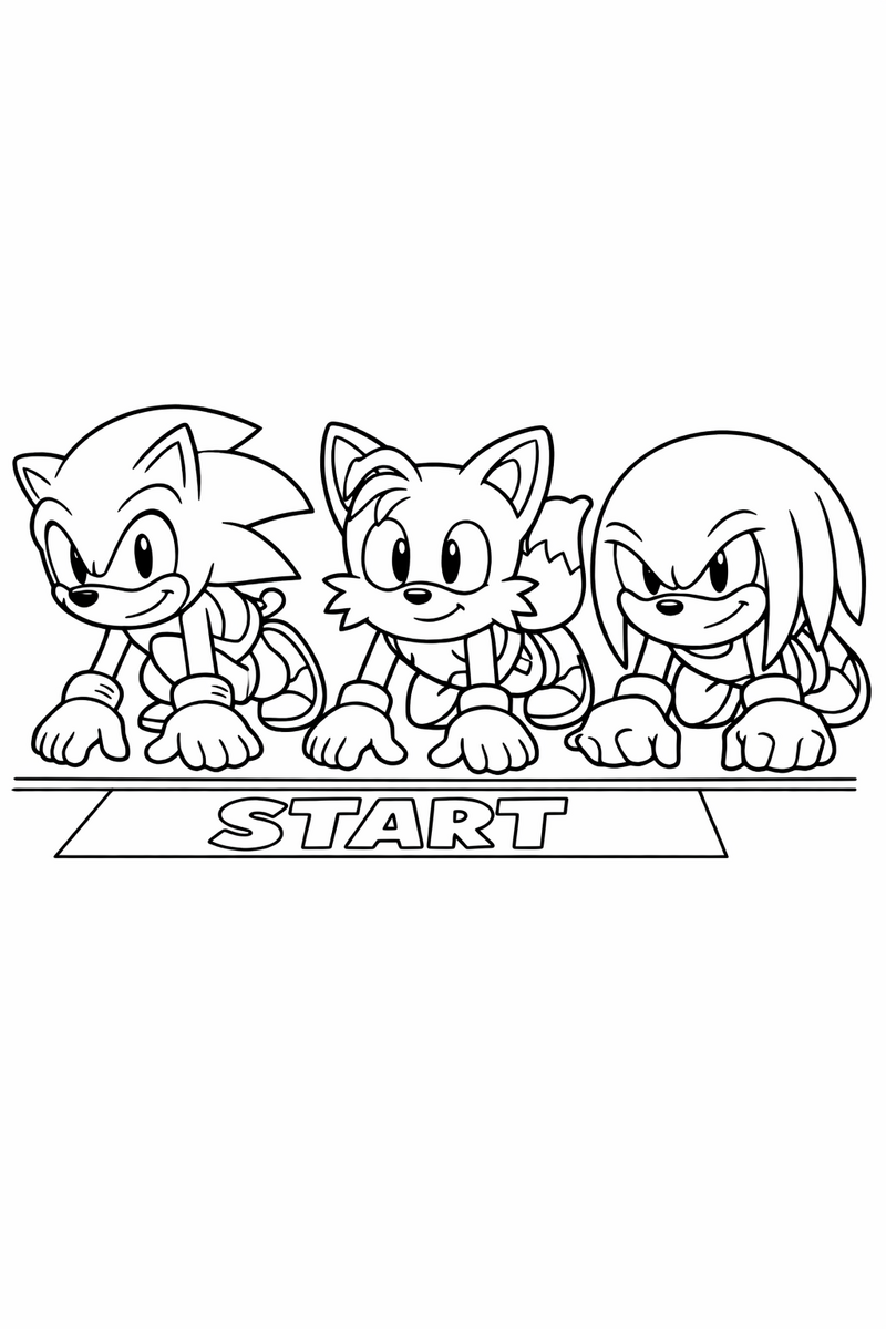 The blue hedgehog crouched at a starting line beside a fox cub and an echidna ready to race coloring page