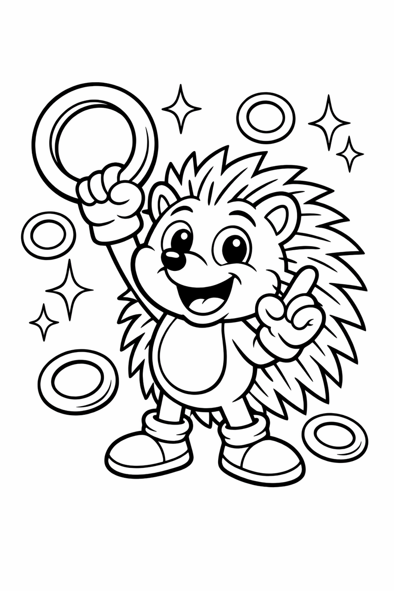 Dibujo de un erizo estilo Sonic recogiendo anillos dorados para colorear