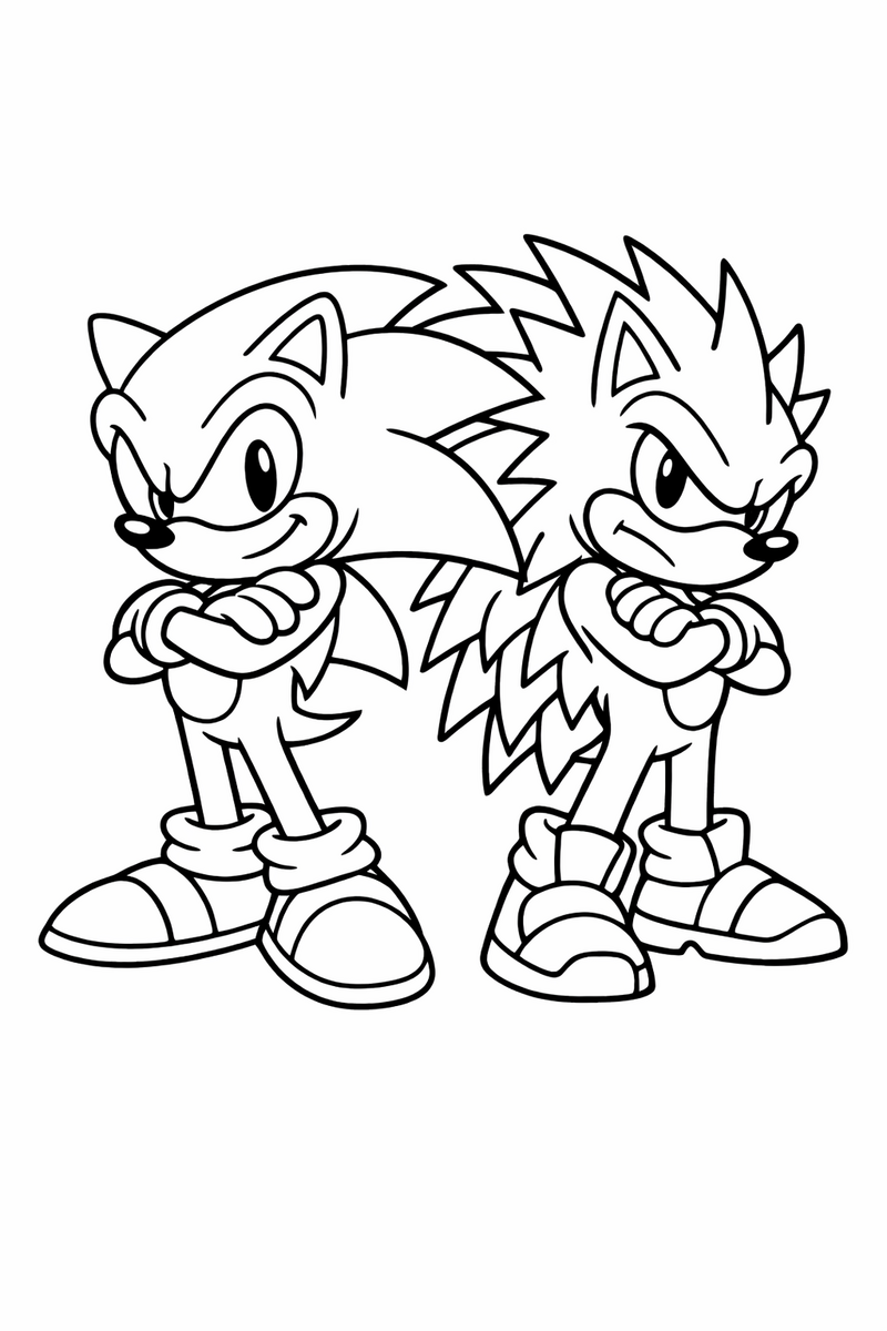 The blue hedgehog and a sharp-spiked rival hedgehog standing back to back ready to compete coloring page