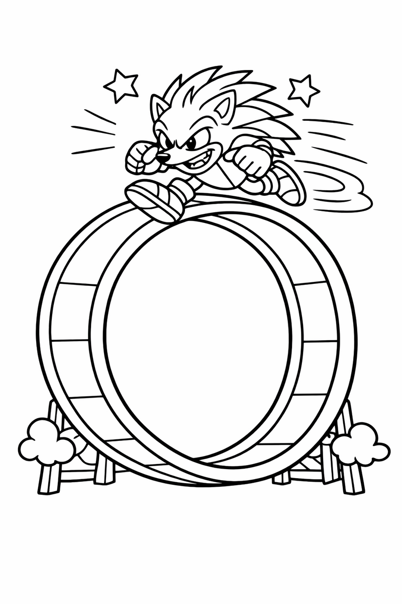 A sharp-spiked rival hedgehog streaking around the top of a giant loop coloring page