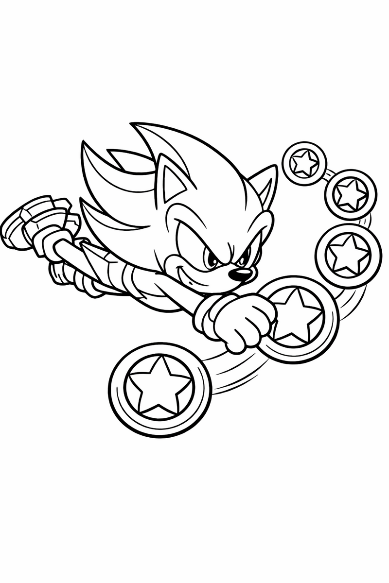 A rival hedgehog gliding low and grabbing a trail of floating star rings coloring page
