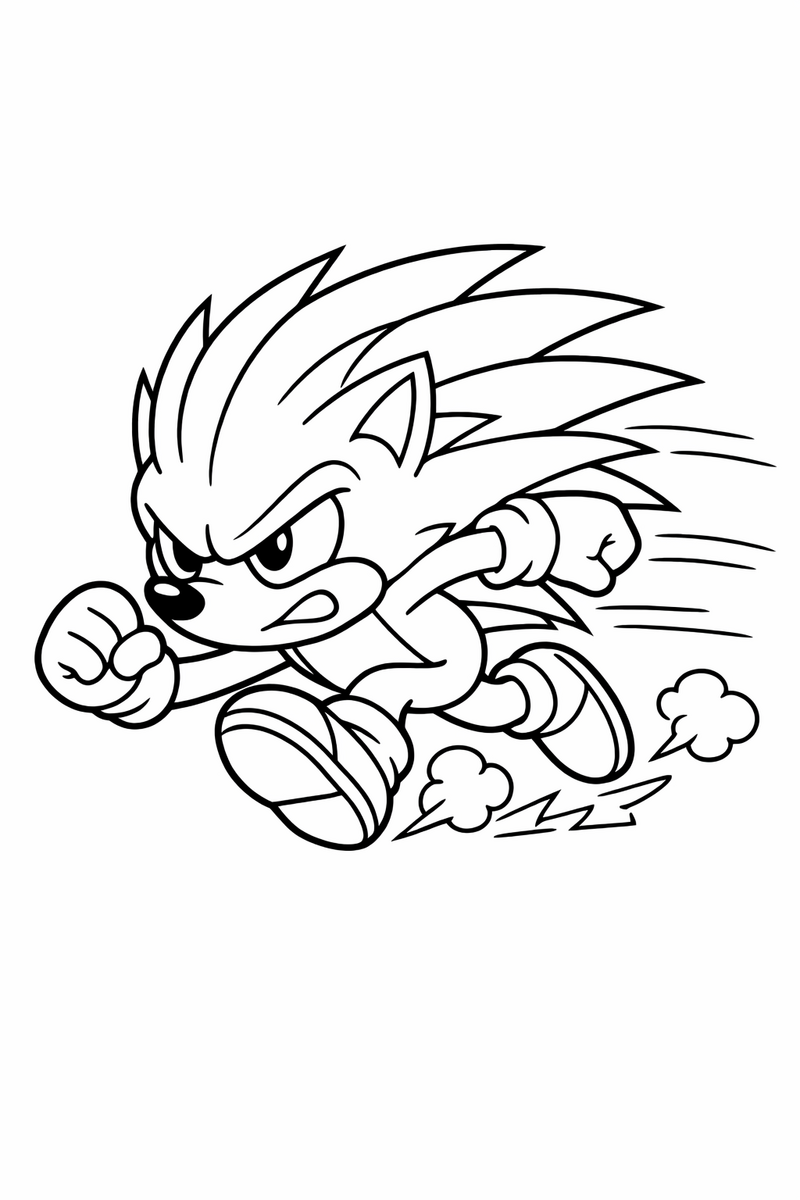 A sleek hedgehog with sharp upswept spikes and a determined scowl dashing forward coloring page