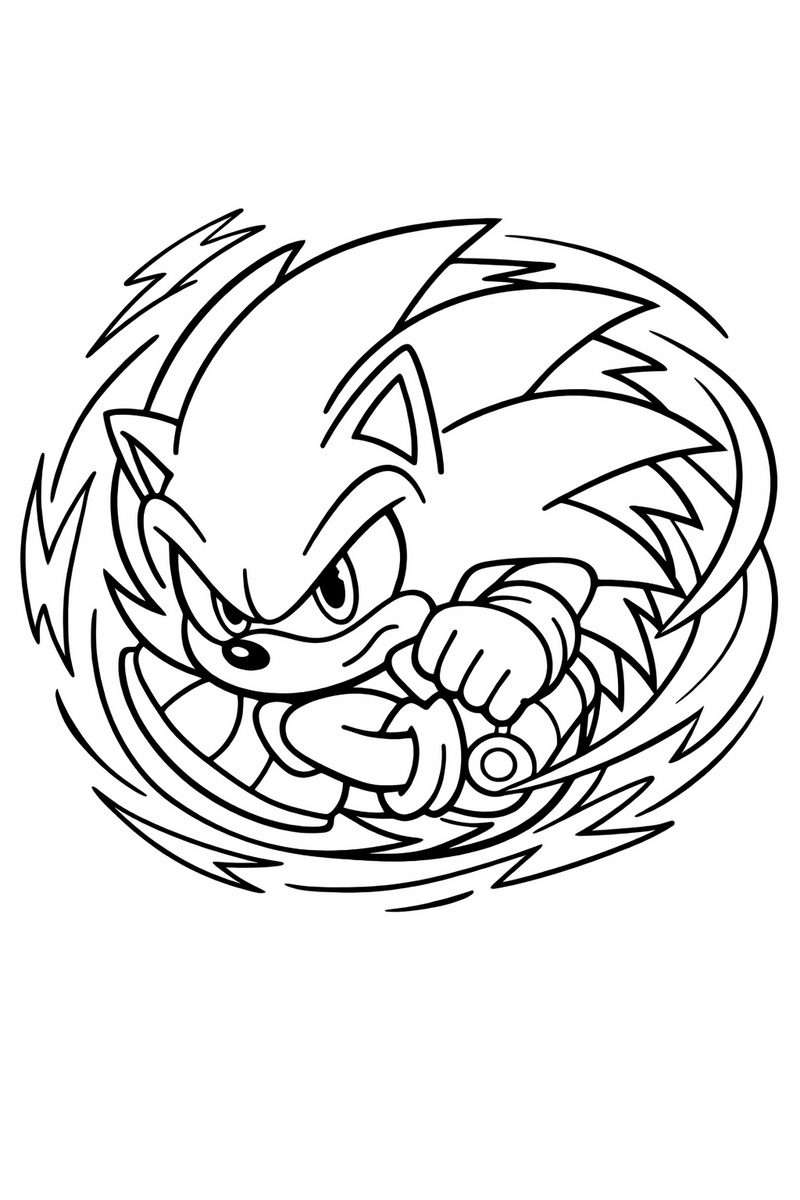 A rival hedgehog curled into a tight spiky ball mid spin-dash coloring page