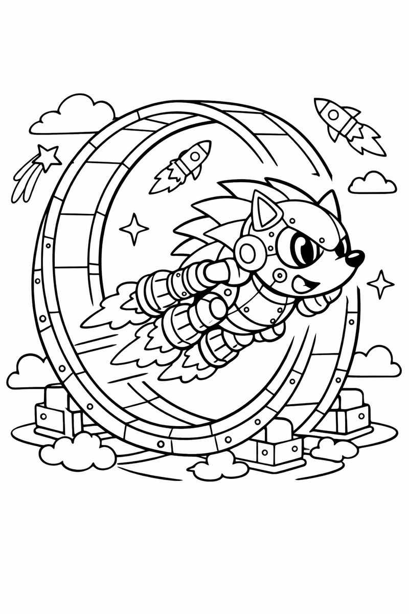 A metal hedgehog robot rocketing around a giant loop on jet thrusters coloring page