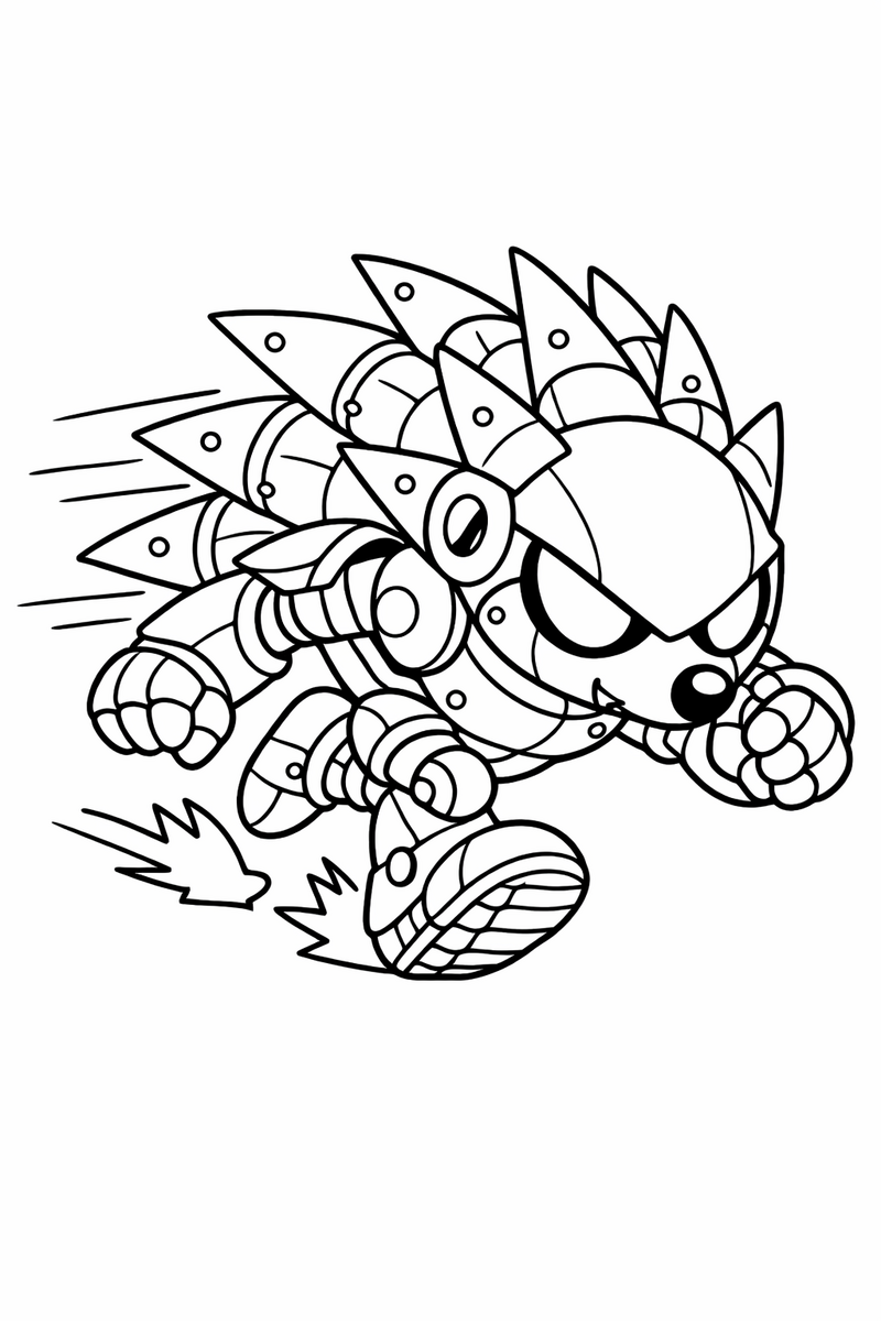 A shiny metal hedgehog robot with jointed spikes charging forward with glowing eyes coloring page