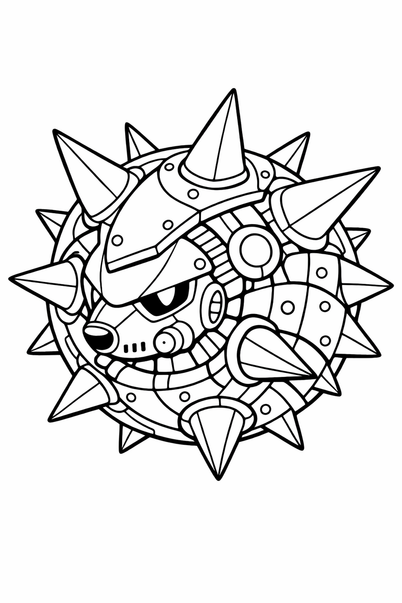 A metal hedgehog robot folded into a bladed spinning ball of chrome spikes coloring page