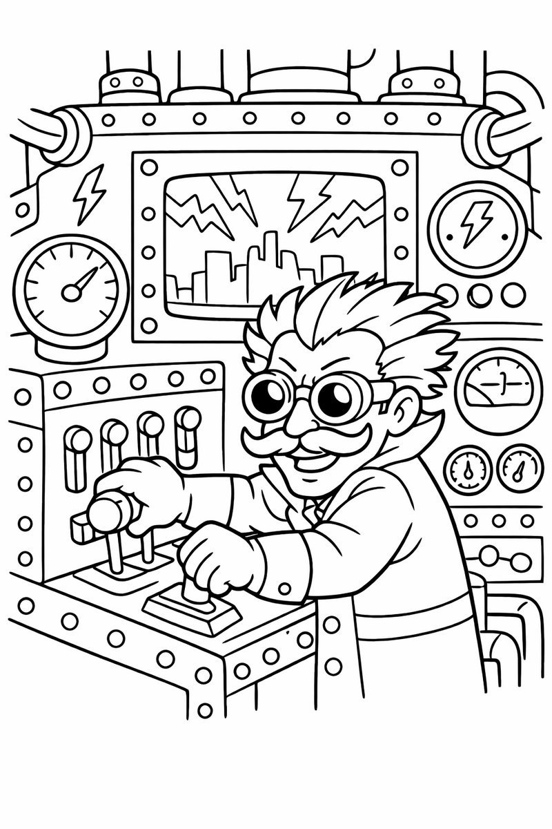 A mustached scientist villain at the controls of a big bolted machine with dials and levers coloring page