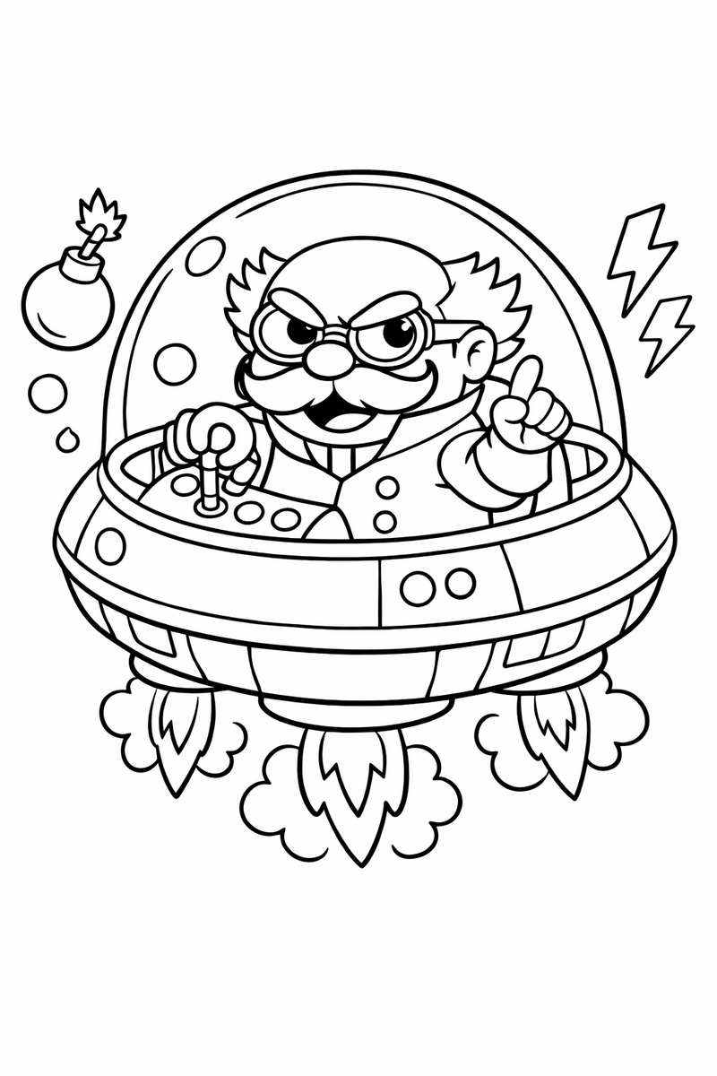 A round mustached scientist villain floating in a bubble-shaped hover pod coloring page