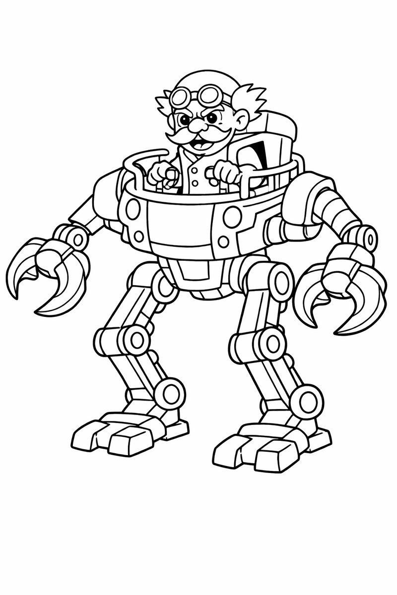A mustached scientist villain piloting a tall two-legged walking machine with pincer arms coloring page