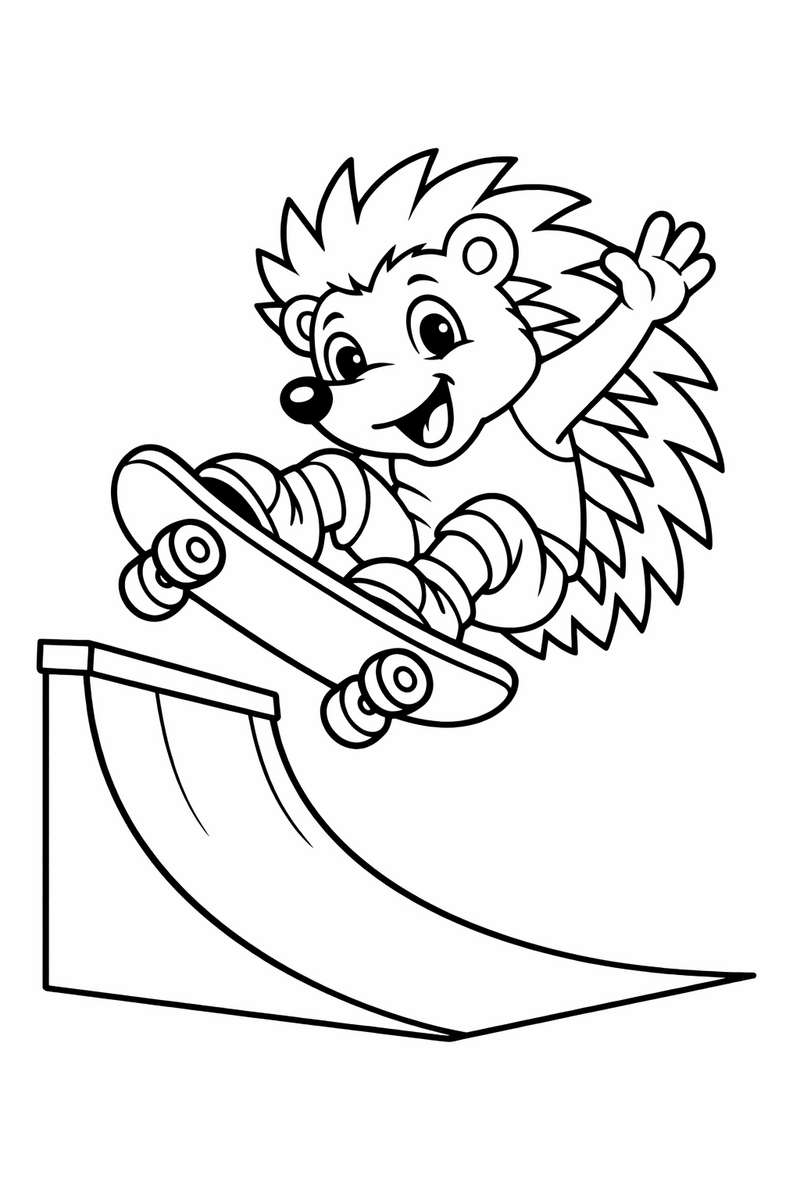 Dibujo de un erizo estilo Sonic haciendo un truco en patineta sobre una rampa para colorear