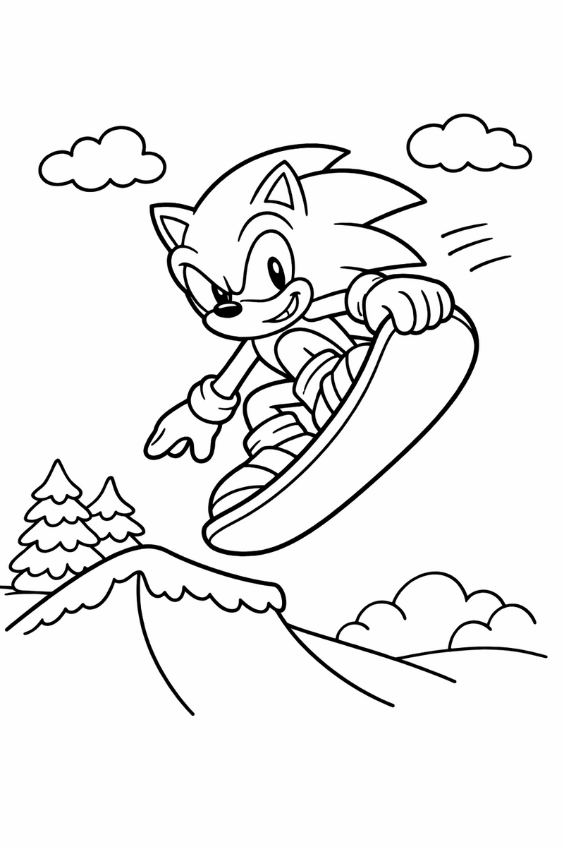The blue hedgehog leaping off a snowy ramp on a snowboard grabbing the edge mid-air coloring page