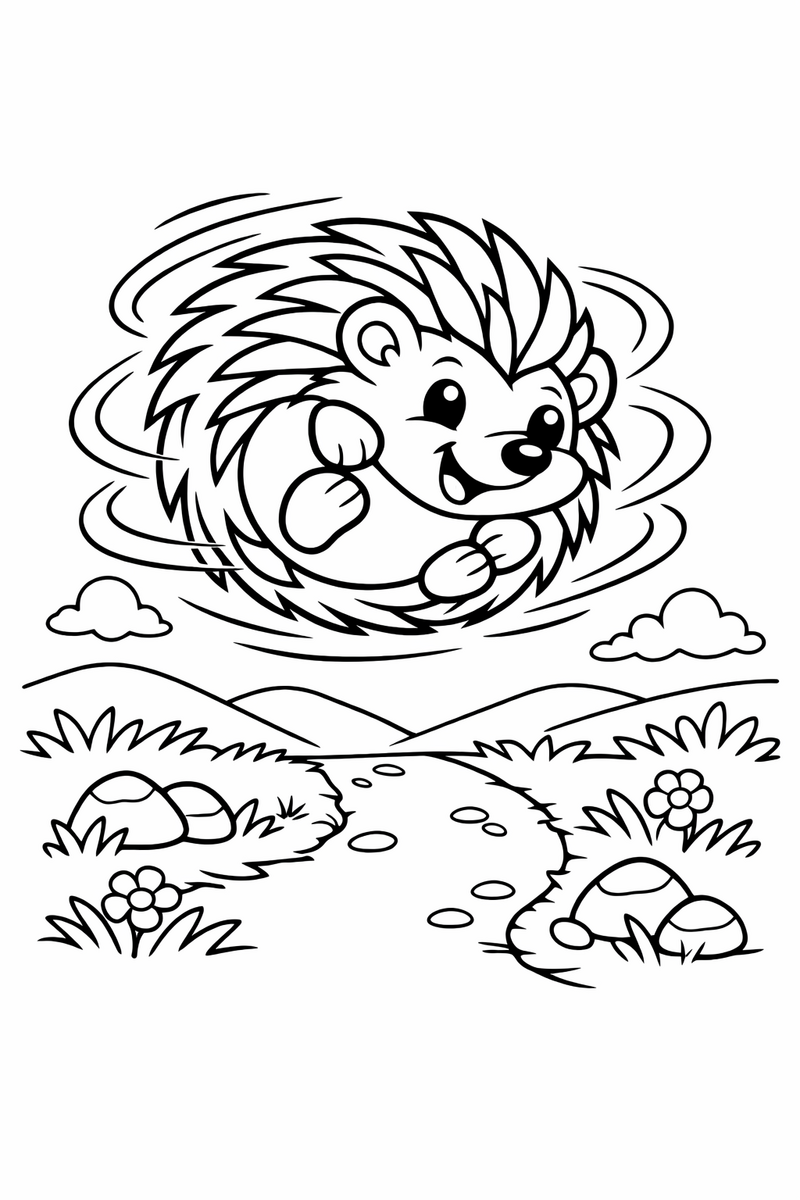 Dibujo de un erizo estilo Sonic girando en un remolino de velocidad para colorear