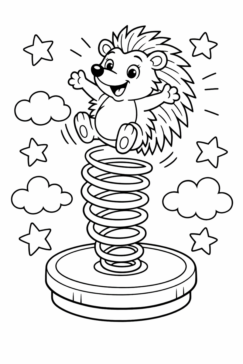 Dibujo de un erizo estilo Sonic saltando en un resorte gigante para colorear