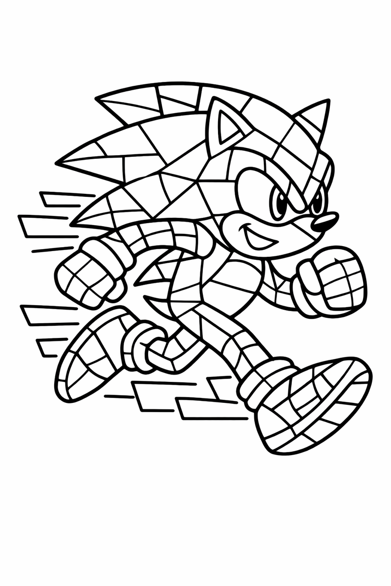 The blue hedgehog running, drawn as a geometric stained-glass mosaic of bold outlined shards coloring page