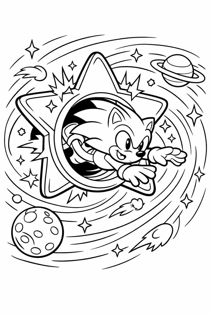 The blue hedgehog diving through a big glowing star-shaped ring portal into swirling space coloring page