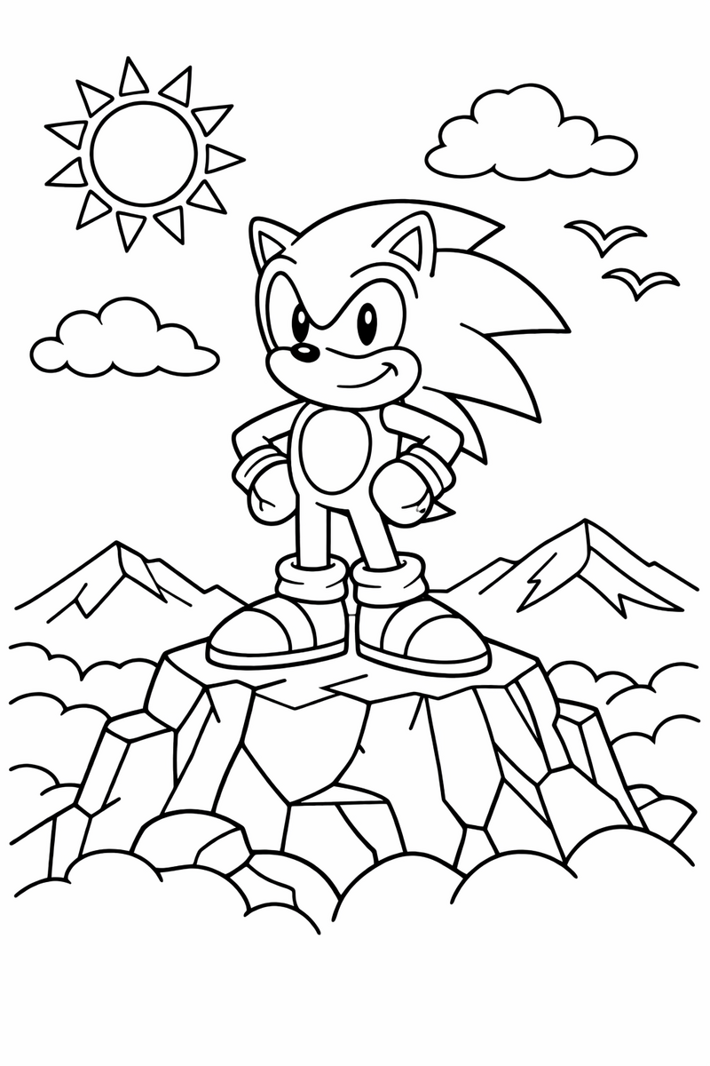 The blue hedgehog standing proudly on a rocky mountain summit with arms on hips coloring page