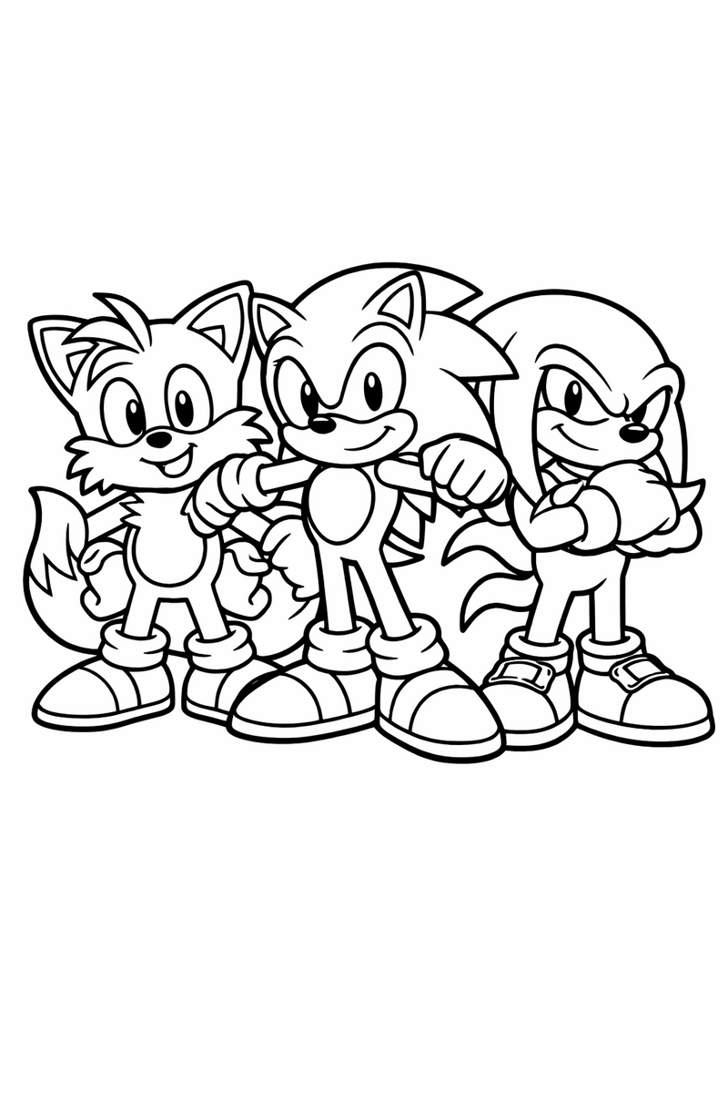 The blue hedgehog posing shoulder to shoulder with a two-tailed fox cub and an echidna as a team coloring page