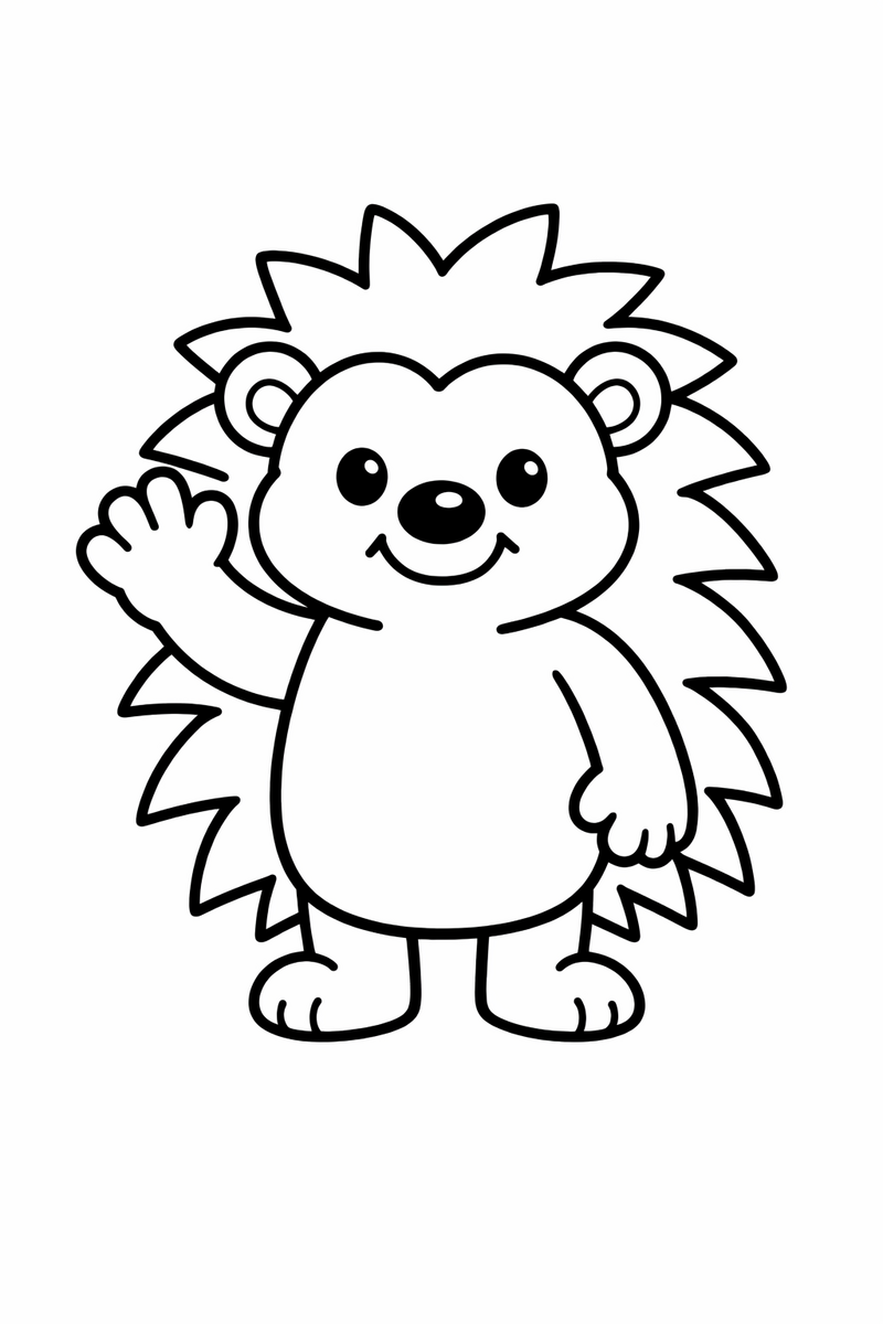 A very simple blue hedgehog waving hello, drawn with extra thick bold lines for toddlers coloring page