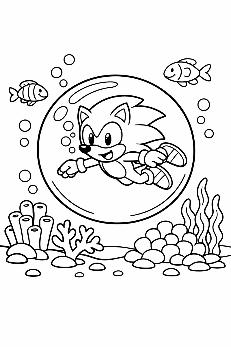 The blue hedgehog swimming underwater in a big air bubble past coral and fish coloring page