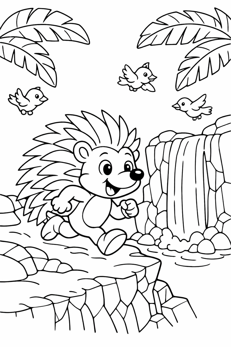 Dibujo de un erizo estilo Sonic corriendo junto a una cascada para colorear