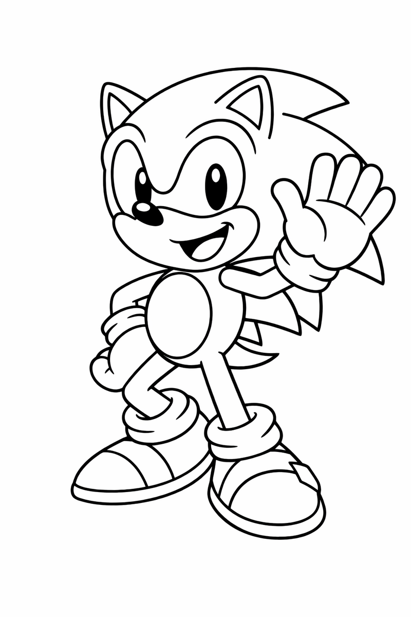 Sonic the Hedgehog, the fast blue cartoon hedgehog with long swept-back quills, big round eyes, tan muzzle, peach belly, white gloves and red sneakers, waving hello with one raised white-gloved hand, a friendly grin, one foot forward coloring page