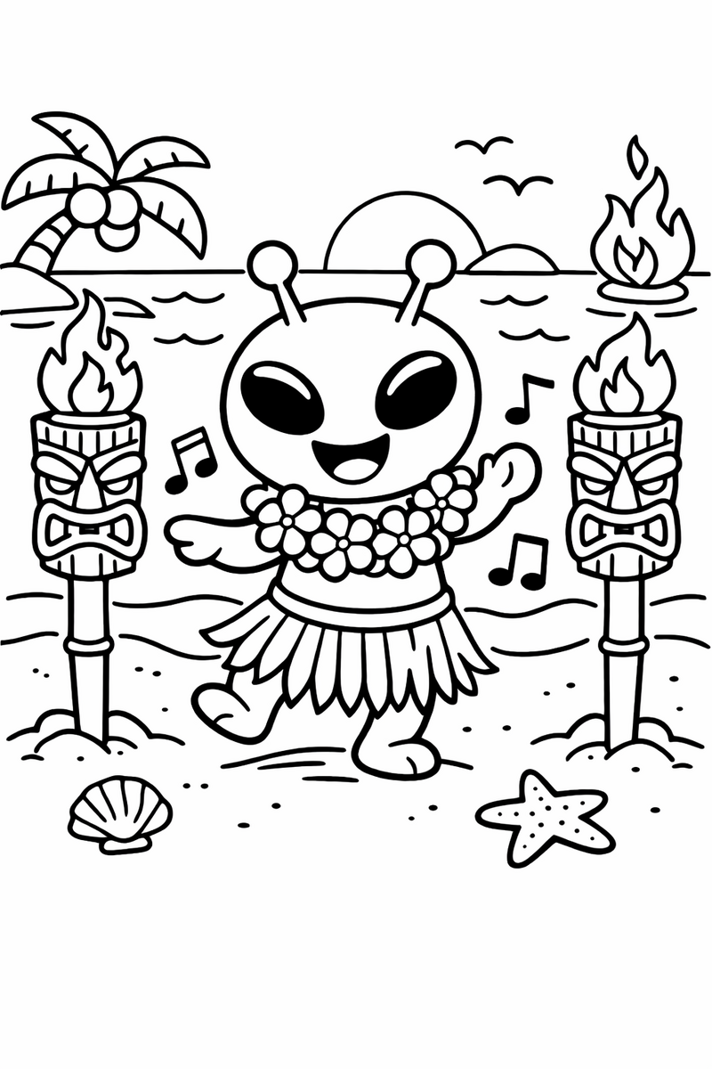 The blue alien in a flower garland dancing at a beach luau between two flaming tiki torches in the sand coloring page