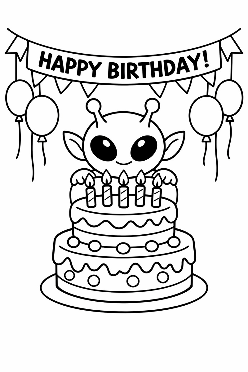 The blue alien standing behind a tall birthday cake with lit candles under a Happy Birthday banner and hanging balloons coloring page