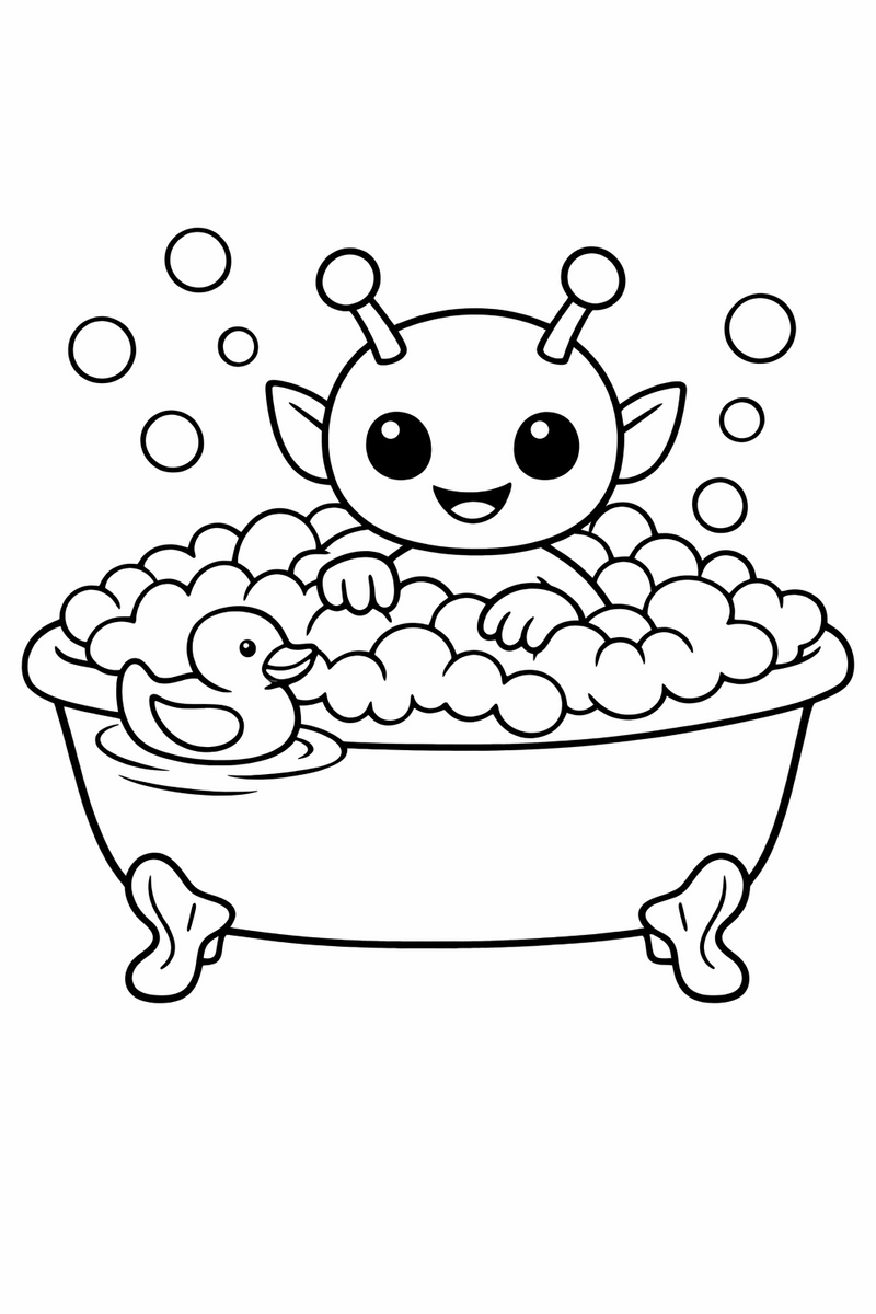 The blue alien sitting in a claw-foot bathtub piled high with soap bubbles and a rubber duck floating by coloring page