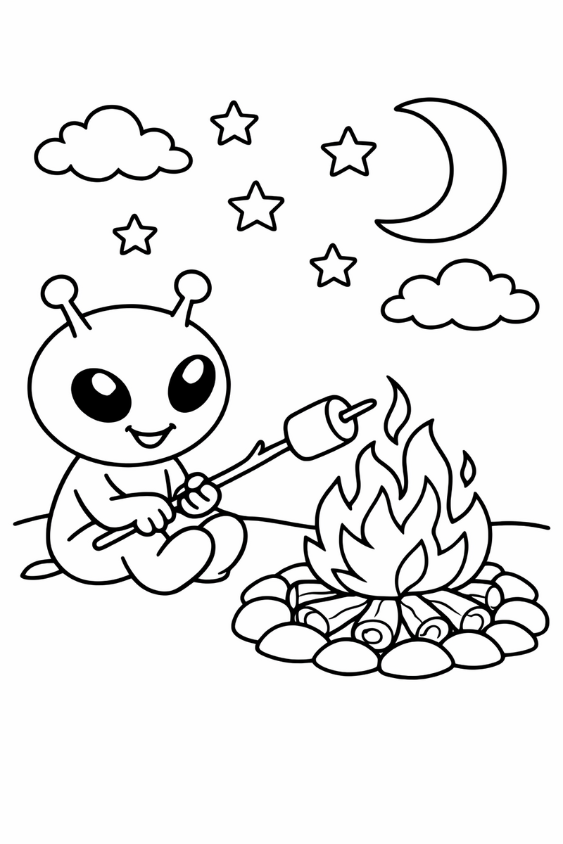 The blue alien roasting a marshmallow on a long stick over a crackling campfire under a starry night sky coloring page
