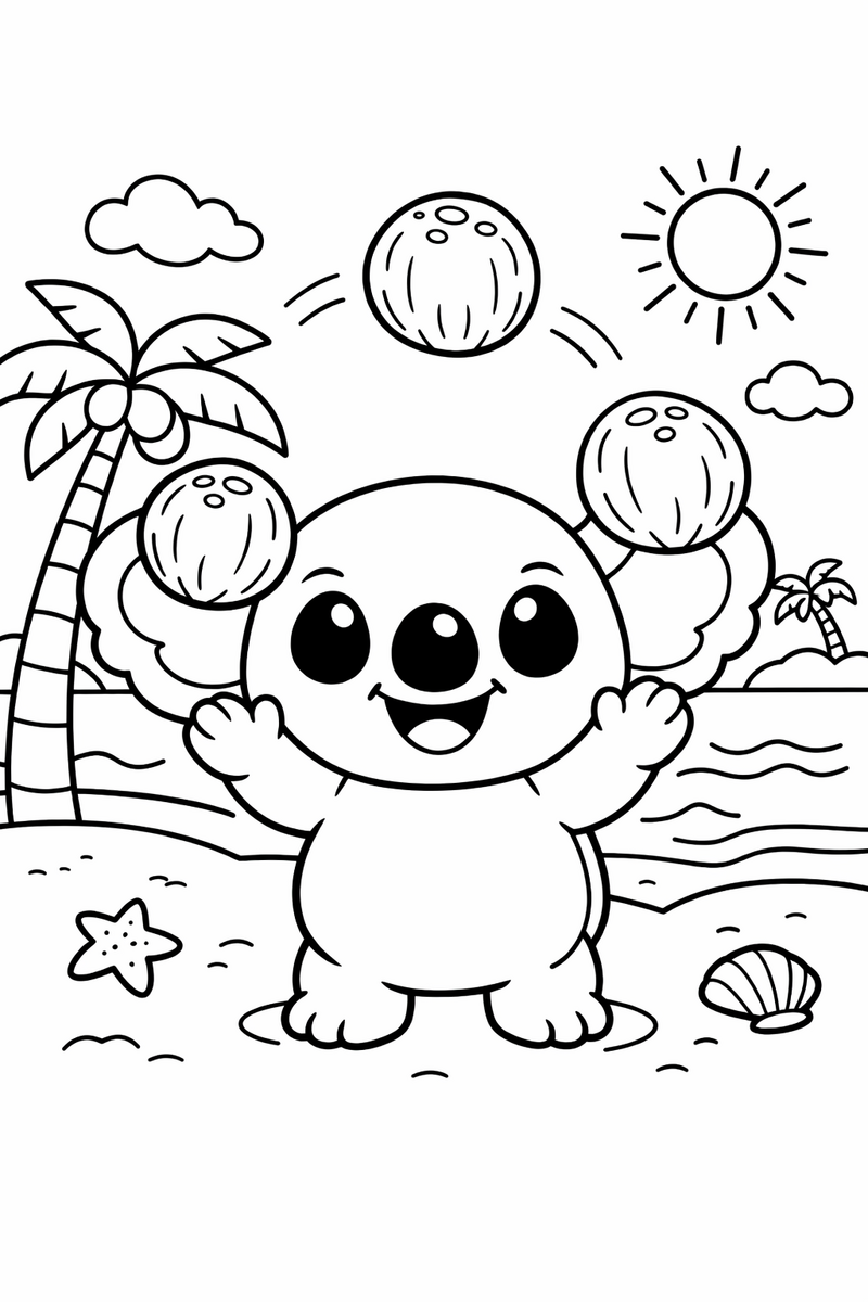 Dibujo de un alien azul estilo Stitch haciendo malabares con cocos en la playa para colorear