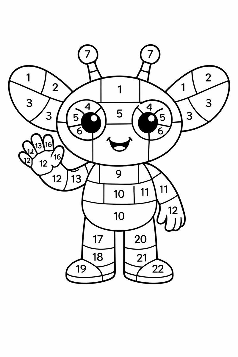 A big-eared round blue alien standing and waving with every area split into small numbered sections to color by number, coloring page