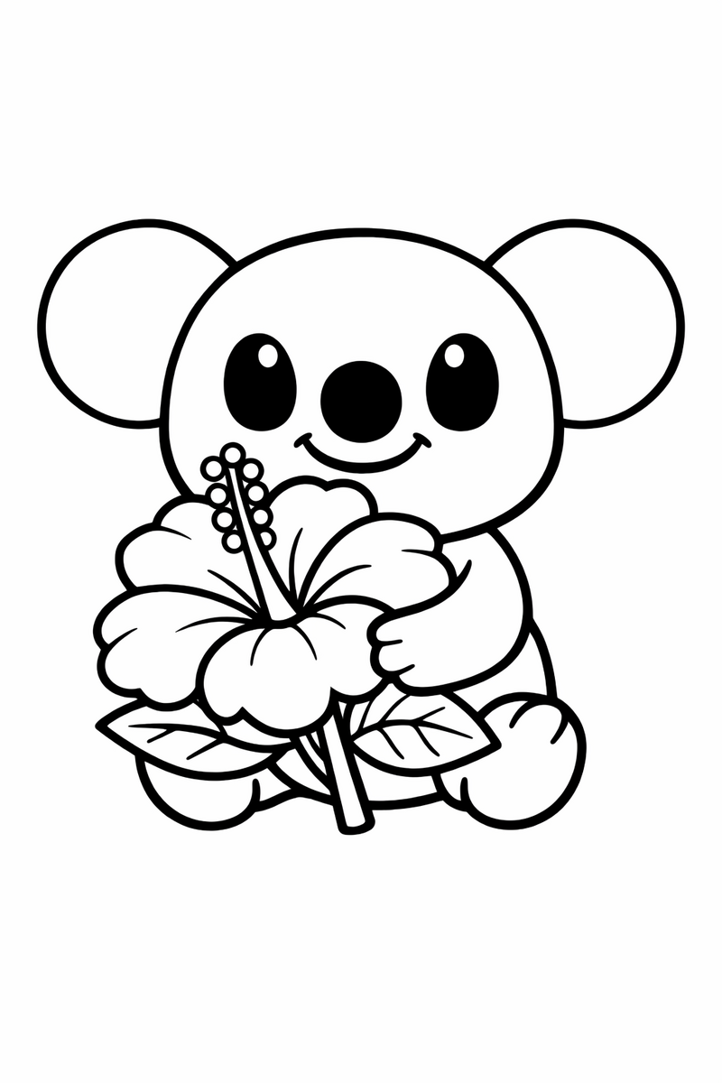 Dibujo fácil de un alien azul estilo Stitch con una flor de hibisco para colorear