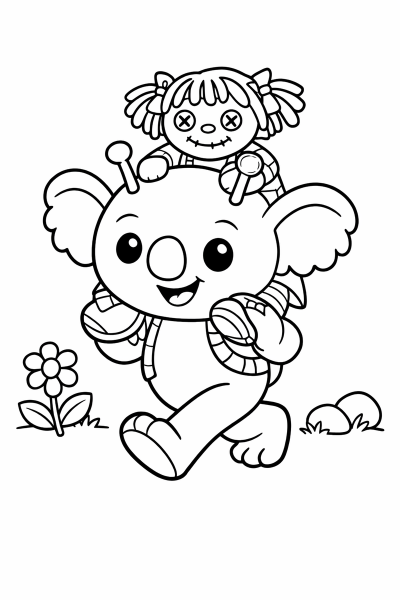 A small round blue koala-like alien carrying a floppy handmade rag doll piggyback on his shoulders as he strolls along, coloring page