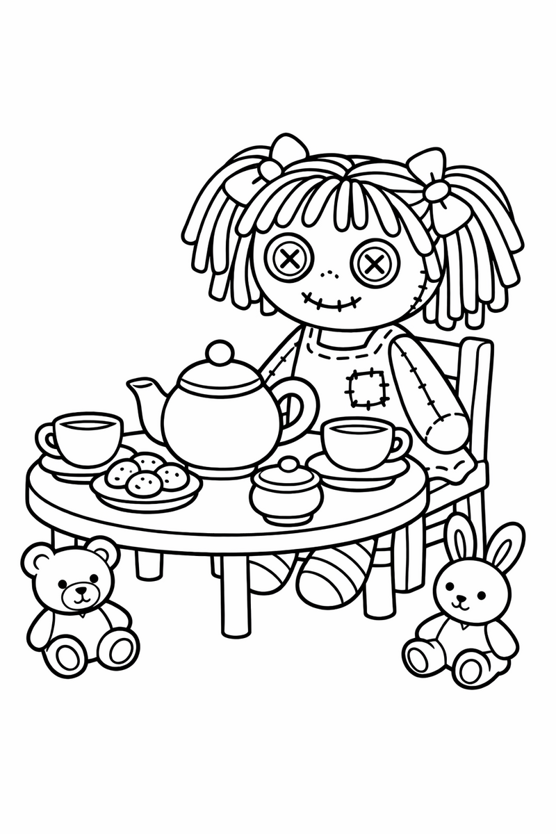 A little handmade rag doll with button eyes and yarn hair seated at a tiny tea party with cups and a round teapot coloring page