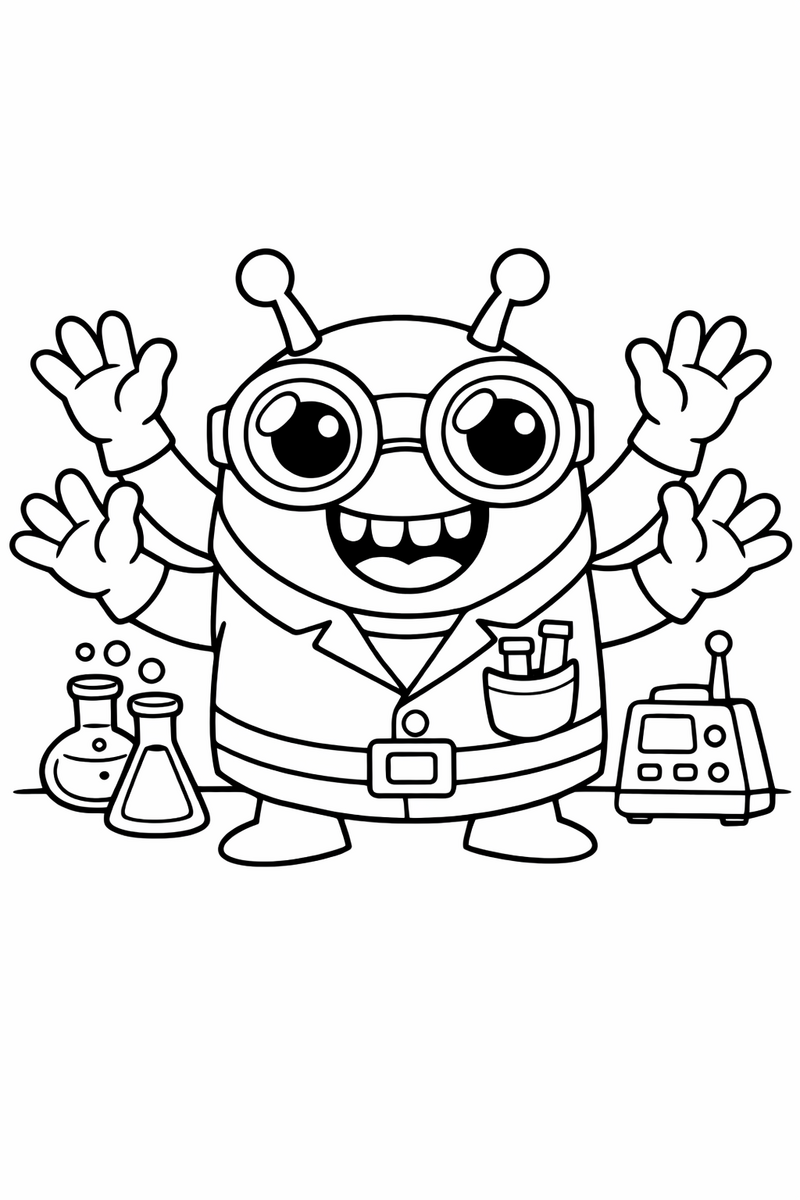 A round four-armed alien scientist with a wide grin and big goggles waving all four hands hello coloring page