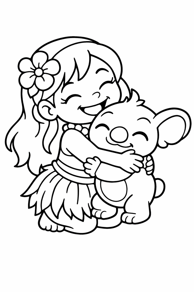A cheerful little island girl wrapping a small round blue koala-like alien with big floppy ears in a warm two-armed hug, coloring page