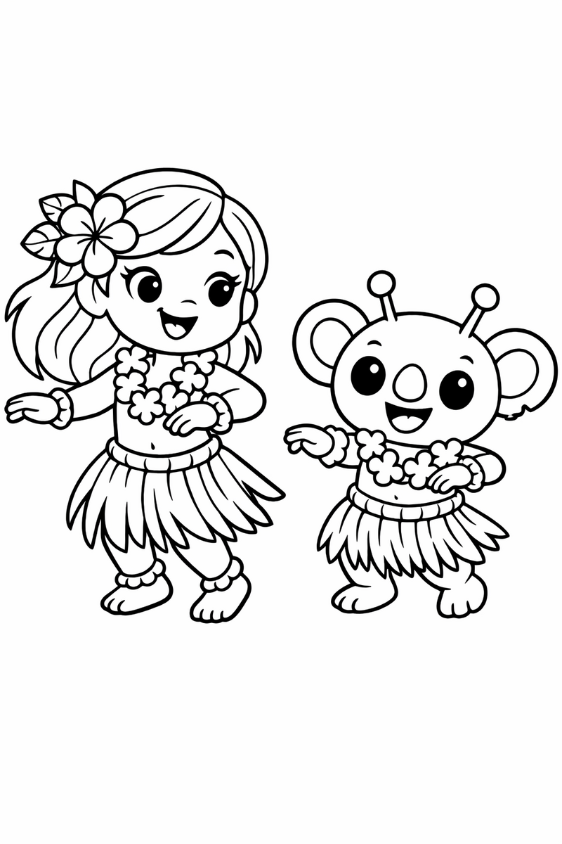 A little island girl and a small round blue koala-like alien dancing hula side by side in grass skirts with swaying hips, coloring page