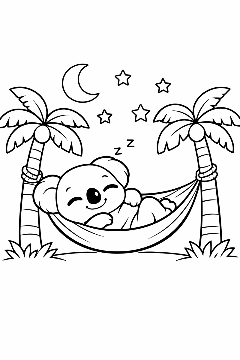 Dibujo de un alien azul estilo Stitch durmiendo en una hamaca entre palmeras para colorear